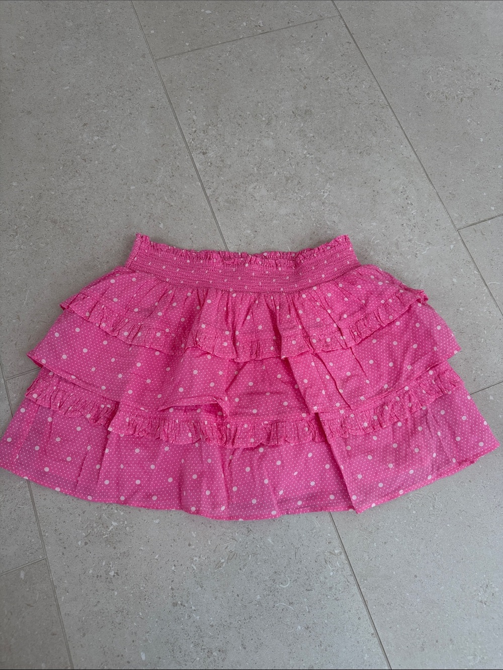 LoveShackFancy Pink Polka Dot Tiered Ruffle Mini Skirt